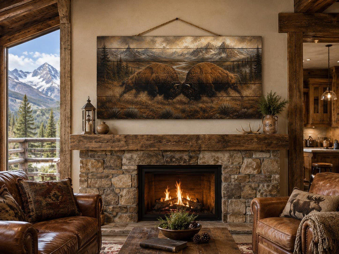 Rustic bison butting heads wood wall art hanging above a stone fireplace in a mountain cabin.