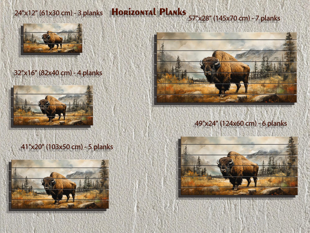 Rustic Bison Wall Art - Distressed Wood Mountain Landscape Print | Rustic Lodge Decor for Men