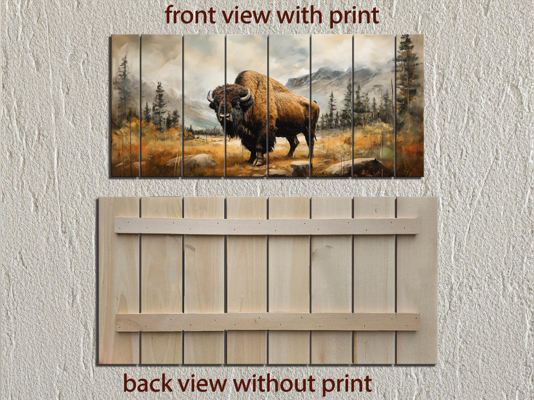 Rustic Bison Wall Art - Distressed Wood Mountain Landscape Print | Rustic Lodge Decor for Men