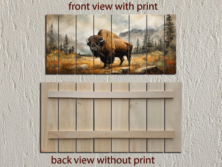 Rustic Bison Wall Art - Distressed Wood Mountain Landscape Print | Rustic Lodge Decor for Men
