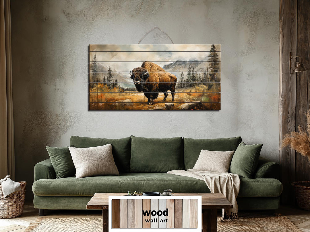 Rustic Bison Wall Art - Distressed Wood Mountain Landscape Print | Rustic Lodge Decor for Men