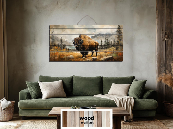 Rustic Bison Wall Art - Distressed Wood Mountain Landscape Print | Rustic Lodge Decor for Men