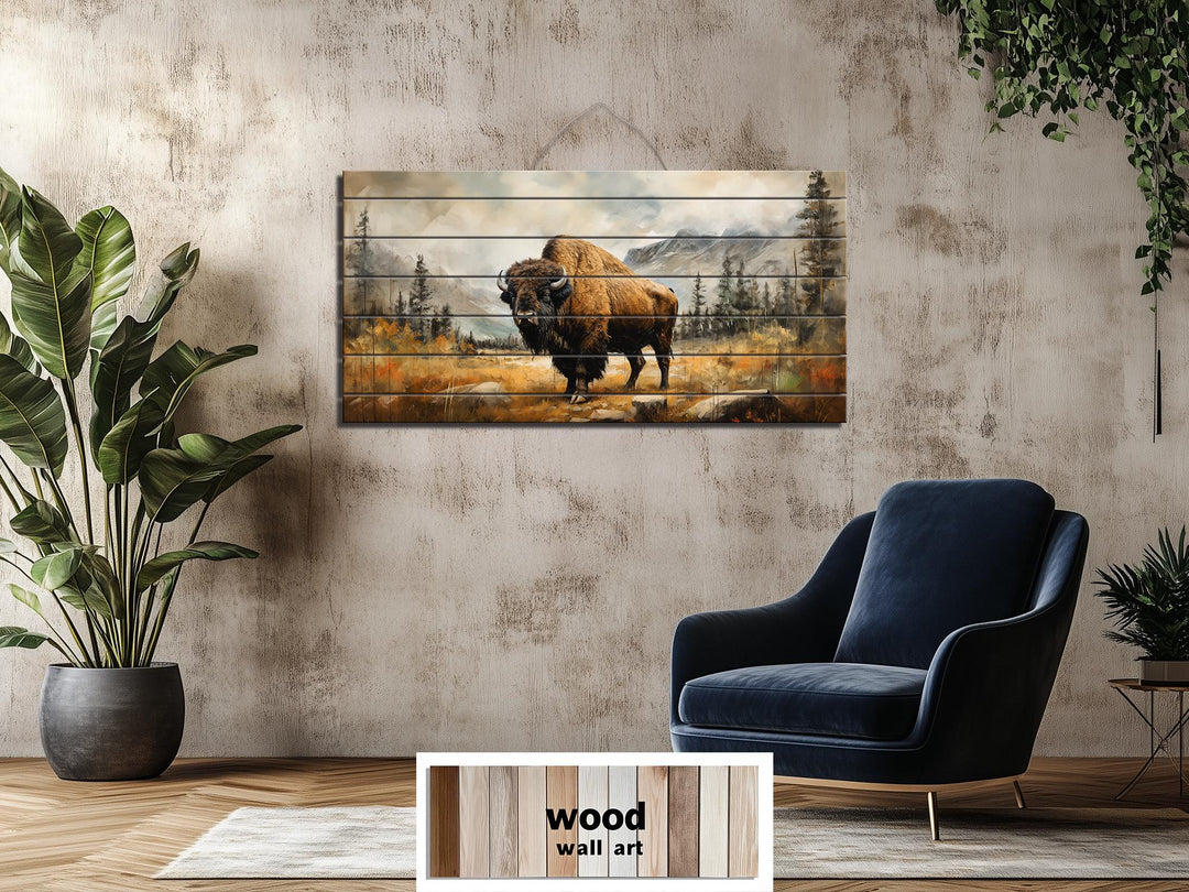 Rustic Bison Wall Art - Distressed Wood Mountain Landscape Print | Rustic Lodge Decor for Men