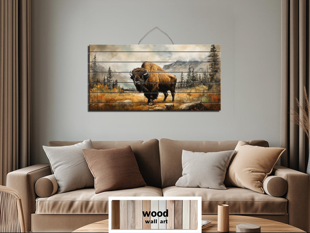 Rustic Bison Wall Art - Distressed Wood Mountain Landscape Print | Rustic Lodge Decor for Men