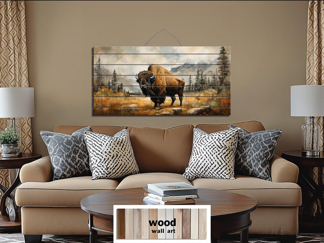 Rustic Bison Wall Art - Distressed Wood Mountain Landscape Print | Rustic Lodge Decor for Men