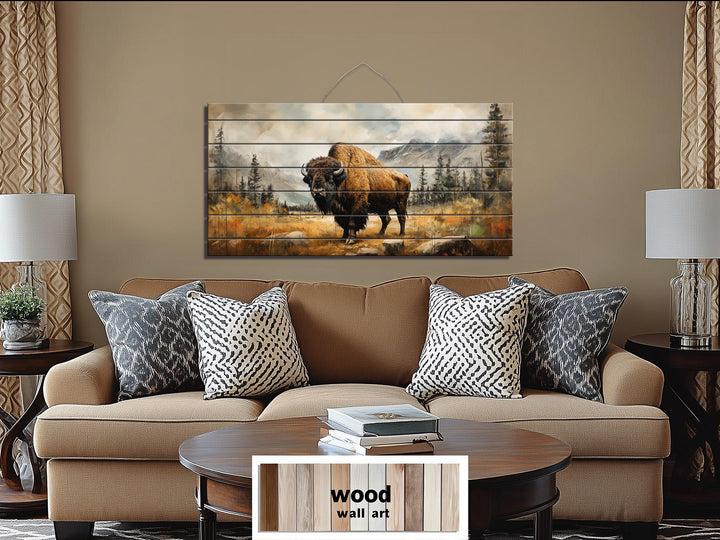 Rustic Bison Wall Art - Distressed Wood Mountain Landscape Print | Rustic Lodge Decor for Men