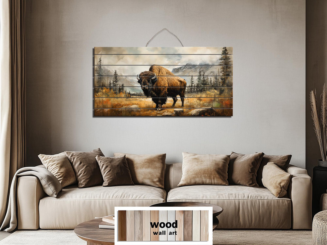 Rustic Bison Wall Art - Distressed Wood Mountain Landscape Print | Rustic Lodge Decor for Men