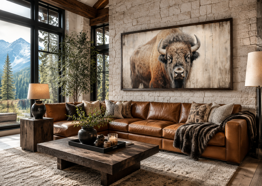 Rustic framed canvas print of an American bison on a wood-effect background in a cabin living room.