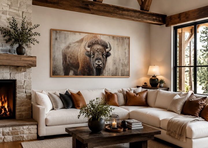Framed rustic bison canvas print on a wood-effect background above a white sectional sofa.