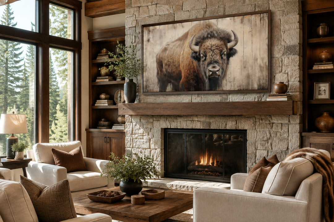 Framed bison canvas print on a stone fireplace in a rustic living room with mountain views.