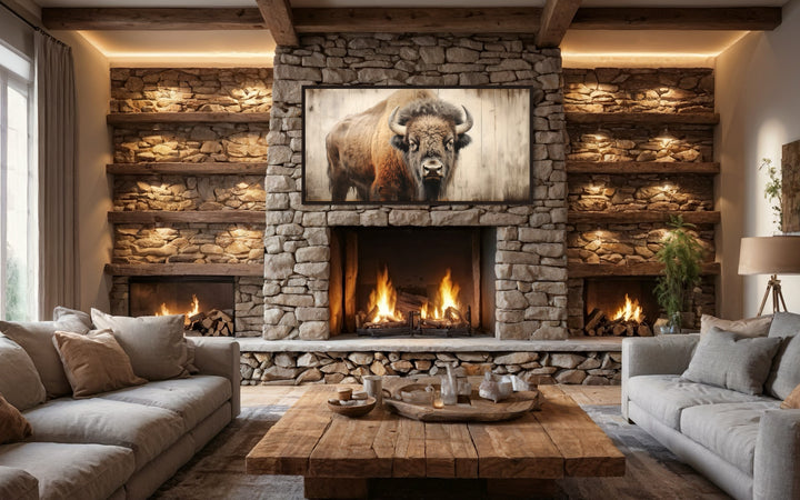 Rustic framed bison canvas print on a wood-effect background above a stone fireplace.