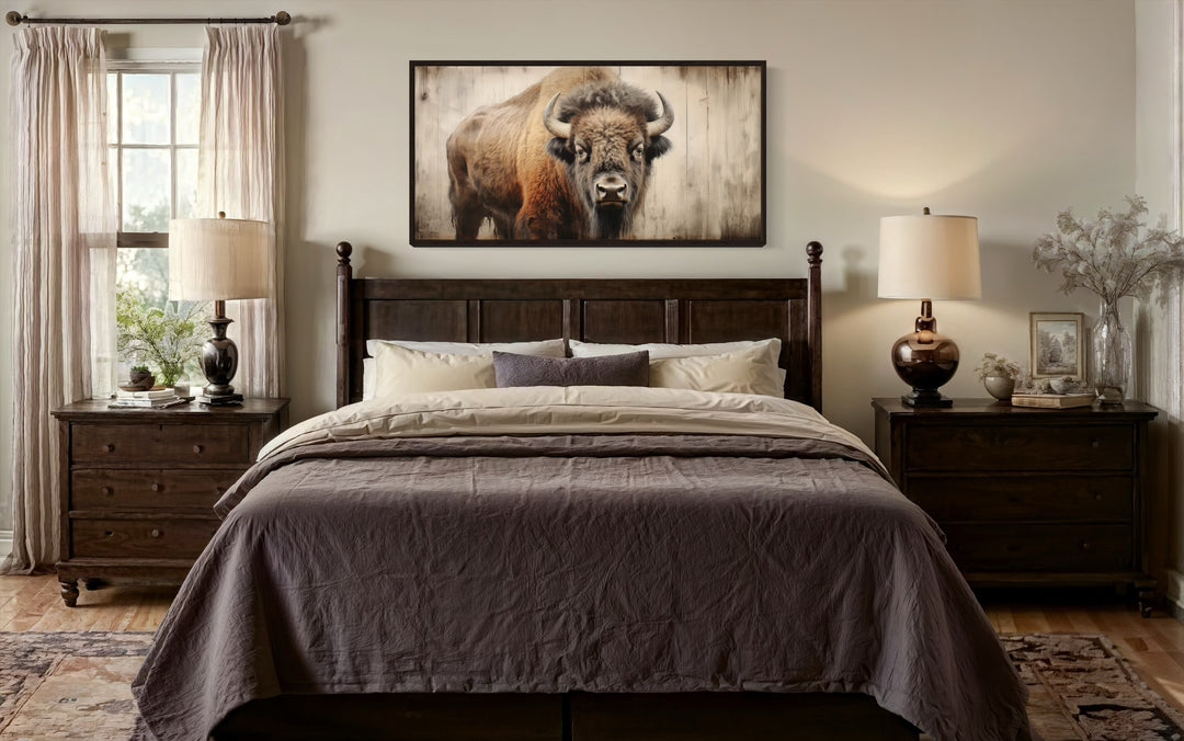 Rustic framed canvas print of an American bison on a wood-effect background above a bed.