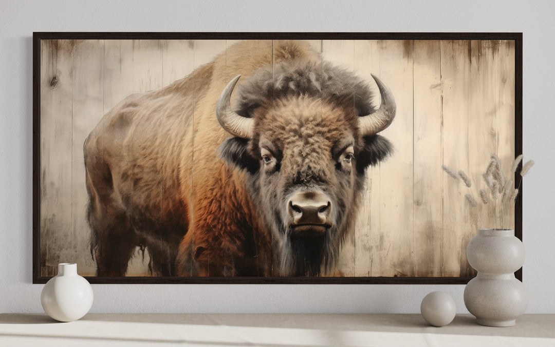 Framed canvas print of a rustic American bison on a wood-effect background for cabin decor.