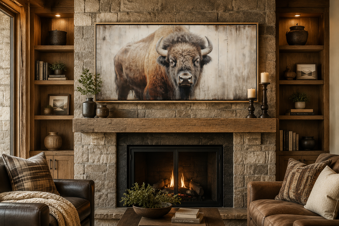 Rustic framed canvas print of an American bison on a wood-effect background above a stone fireplace.