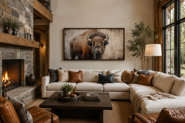 Rustic framed canvas print of an American bison on a wood-effect background in a cozy living room.
