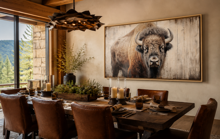 Rustic framed canvas print of an American bison on a wood-effect background in a dining room.