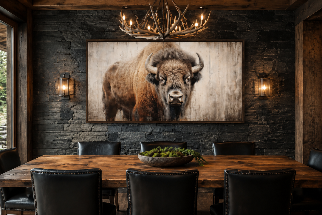 Framed rustic American bison canvas print on a dark stone wall above a wooden dining table.