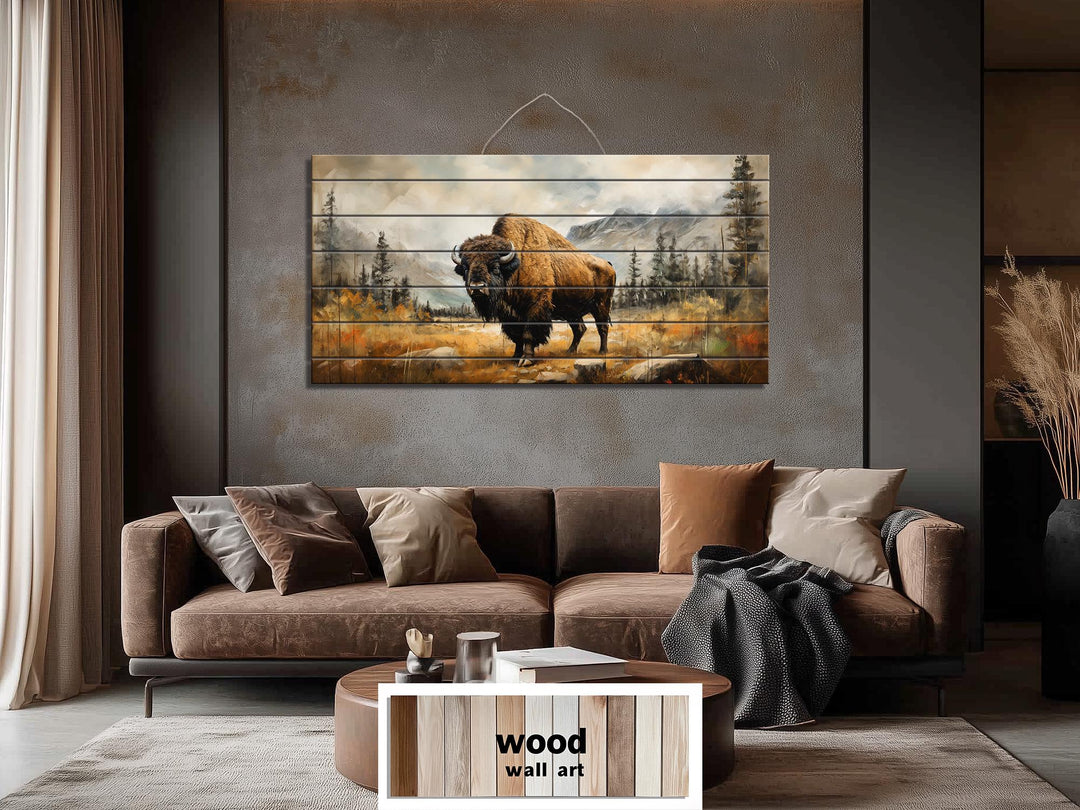 Rustic Bison in Mountain Landscape Distressed Wood Wall Art