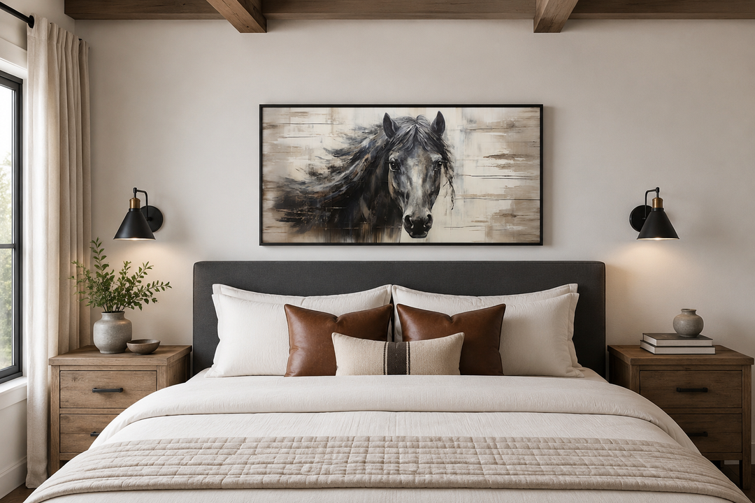Rustic black horse painting on wood-textured canvas wall art above a bed in a farmhouse bedroom.