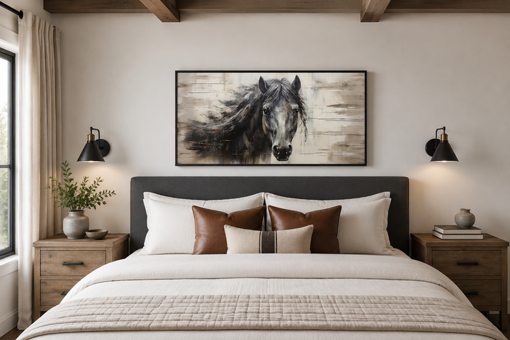 Rustic black horse painting on wood-textured canvas wall art above a bed in a farmhouse bedroom.