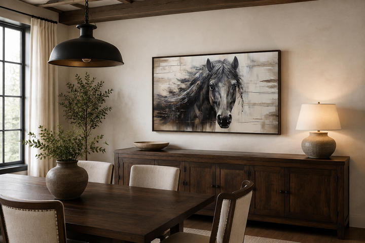 Rustic black horse painting on wood-textured canvas, framed and hung in a farmhouse dining room.