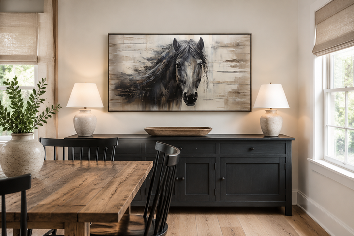 Rustic black horse painting on wood-textured canvas wall art above a black sideboard.