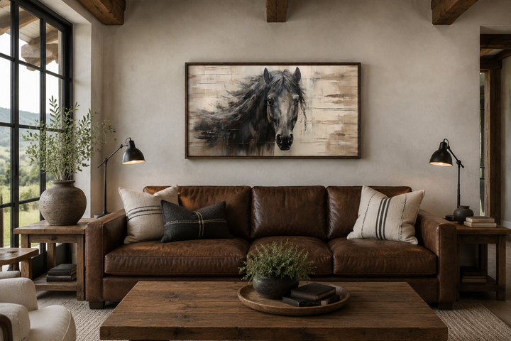 Rustic black horse painting on wood-textured canvas wall art in a farmhouse living room.