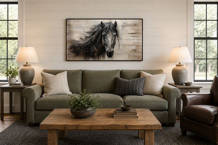 Rustic black horse painting on wood-textured canvas wall art above a green sofa in a farmhouse room.