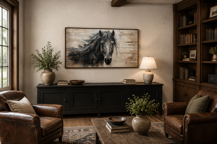 Rustic black horse painting on wood-textured canvas wall art in a farmhouse living room setting.