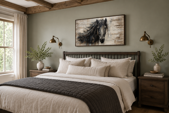 Rustic black horse painting on wood-effect canvas wall art above a bed in a farmhouse bedroom.