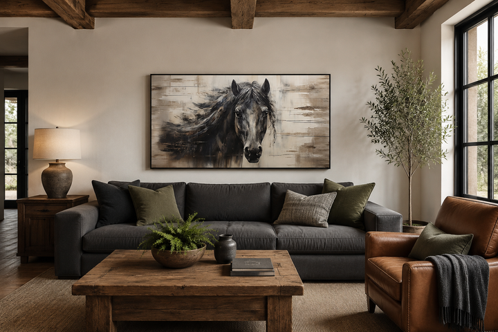Rustic black horse painting on a wood-textured canvas, framed and hung above a dark gray sofa.
