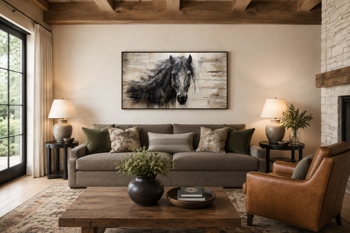 Rustic black farm horse painting on wood-textured canvas wall art in a farmhouse living room.