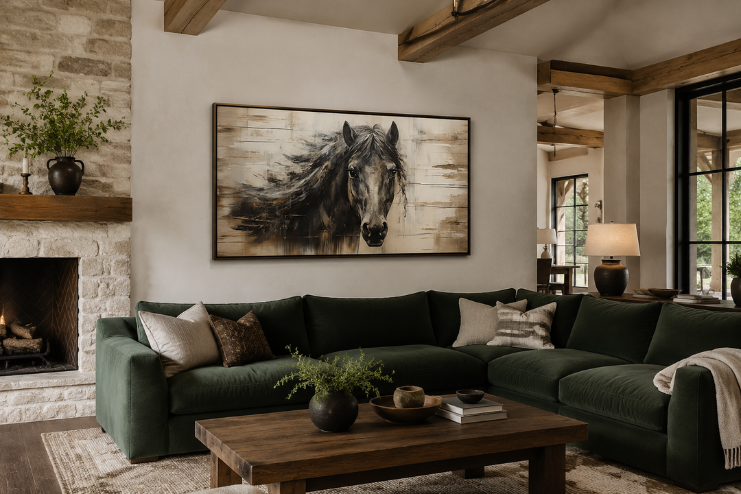 Rustic black farm horse painting on wood-textured canvas wall art in a farmhouse living room.