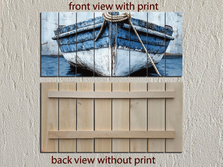 Rustic Blue Boat Close Up Coastal Real Wood Wall Art for Beach House