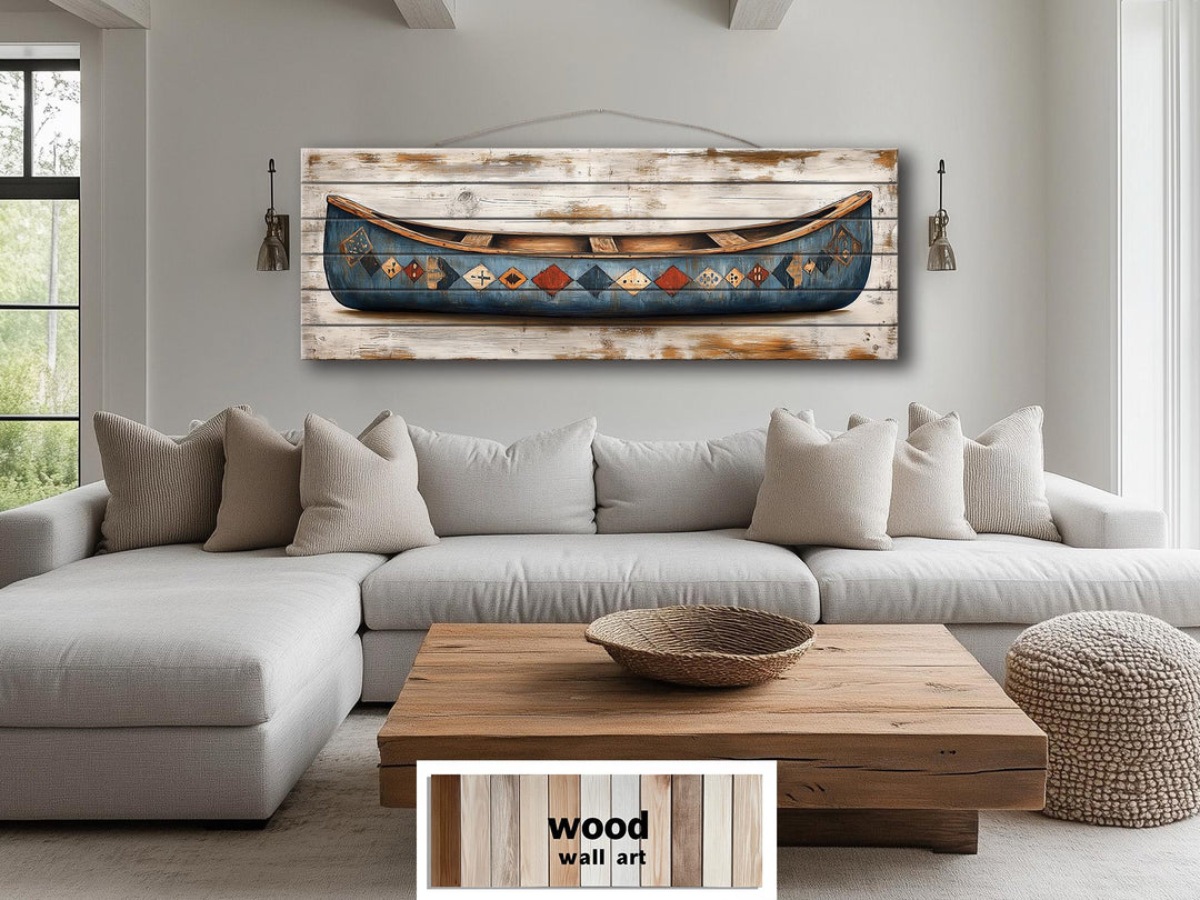 Rustic Blue Canoe Distressed Wall Art on Wood Planks Vintage Lake Cabin Decor