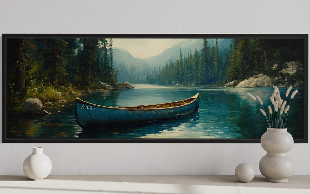 Rustic Blue Canoe In The Lake Framed Canvas Wall Art close up