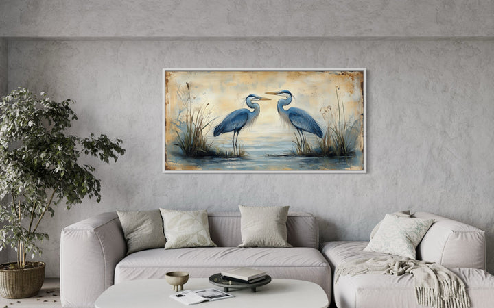 Rustic Blue Herons Horizontal Framed Canvas Wall Art