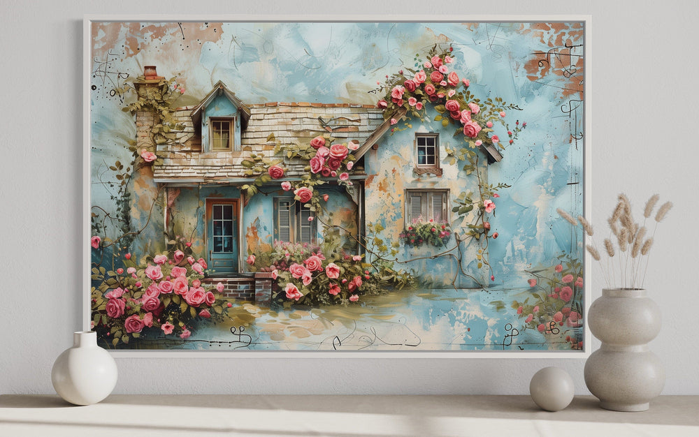 Rustic Blue Pink Floral Cottage Shabby Chic Farmhouse Wall Art