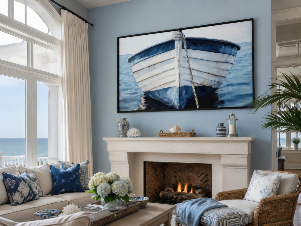 Rustic blue and white boat canvas wall art in a black frame above a fireplace in a coastal room.