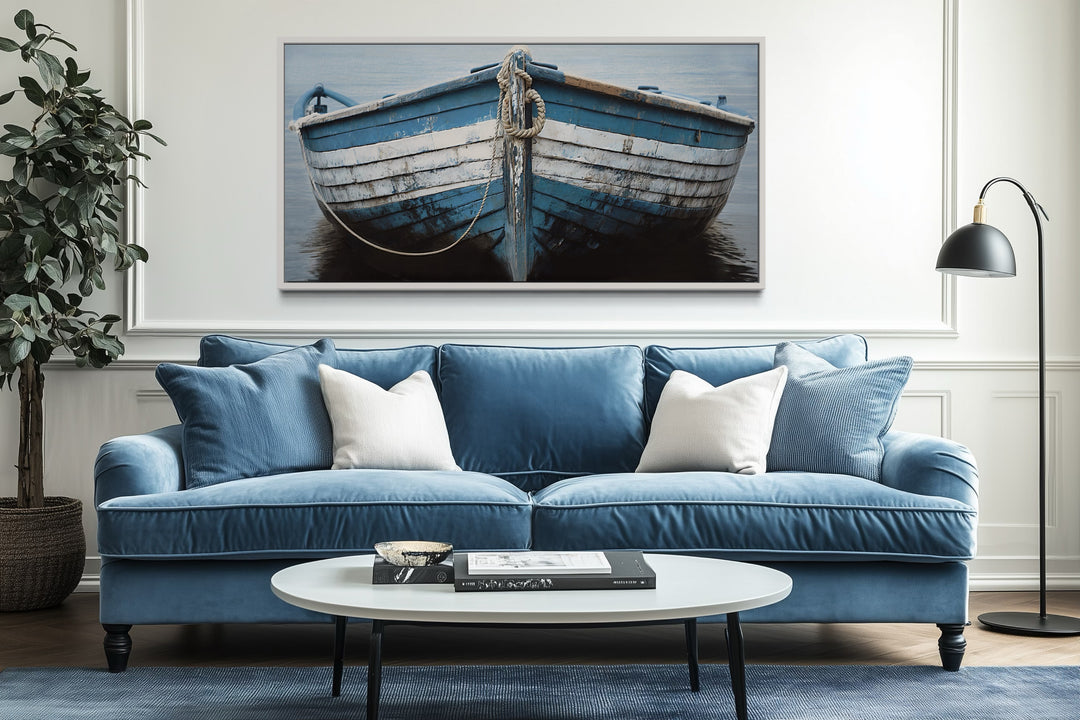 Rustic Boat Wall Art – Blue White Nautical Canvas Print for Coastal Decor