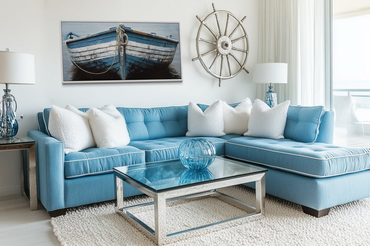 Rustic Boat Wall Art – Blue White Nautical Canvas Print for Coastal Decor