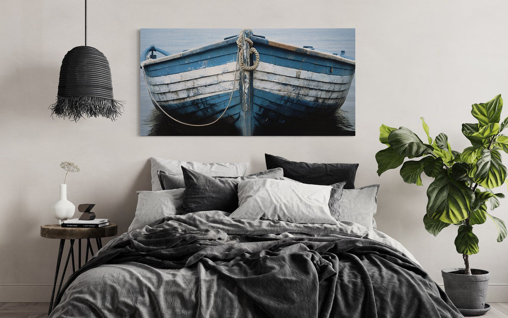 Rustic Boat Wall Art – Blue White Nautical Canvas Print for Coastal Decor