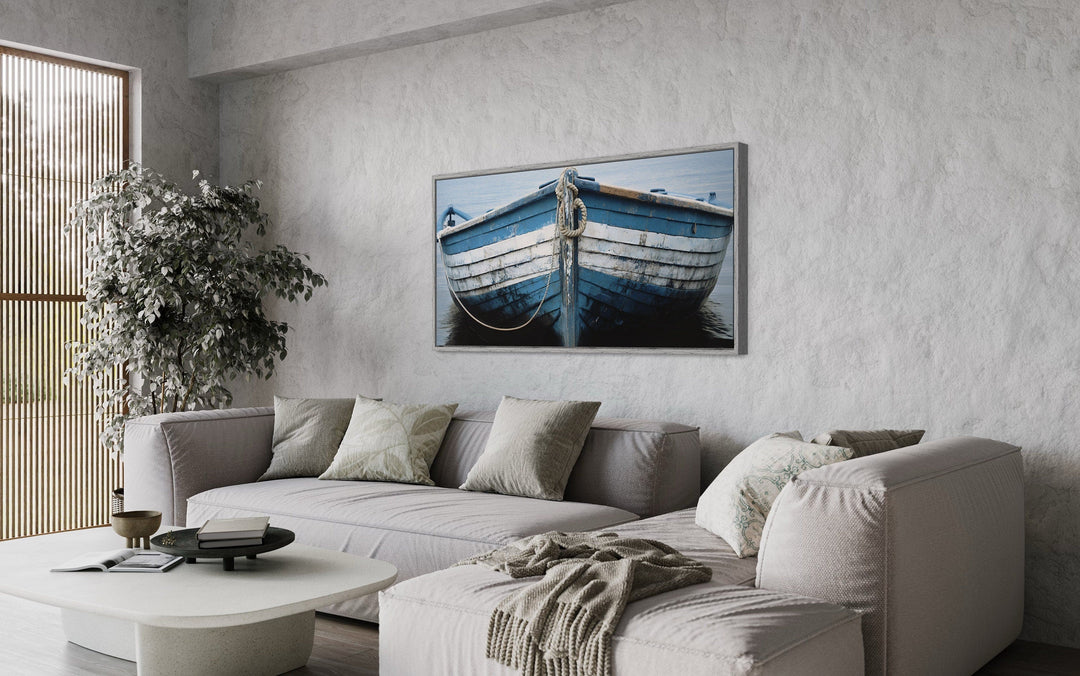 Rustic Boat Wall Art – Blue White Nautical Canvas Print for Coastal Decor