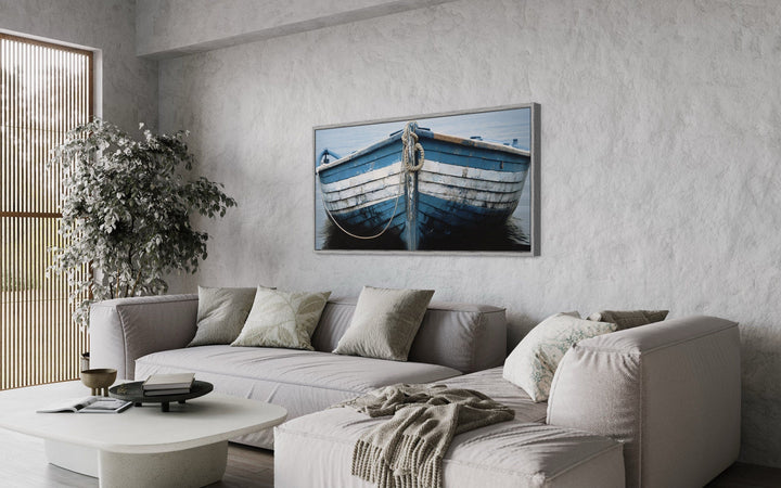 Rustic Boat Wall Art – Blue White Nautical Canvas Print for Coastal Decor