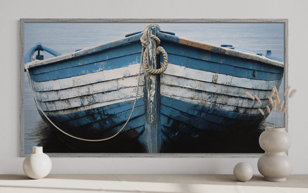 Rustic Boat Wall Art – Blue White Nautical Canvas Print for Coastal Decor