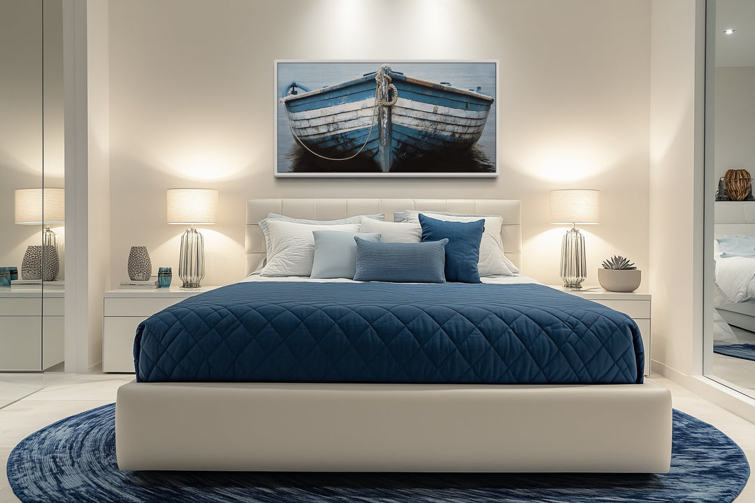 Rustic Boat Wall Art – Blue White Nautical Canvas Print for Coastal Decor