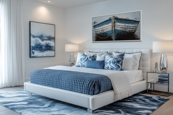 Rustic Boat Wall Art – Blue White Nautical Canvas Print for Coastal Decor