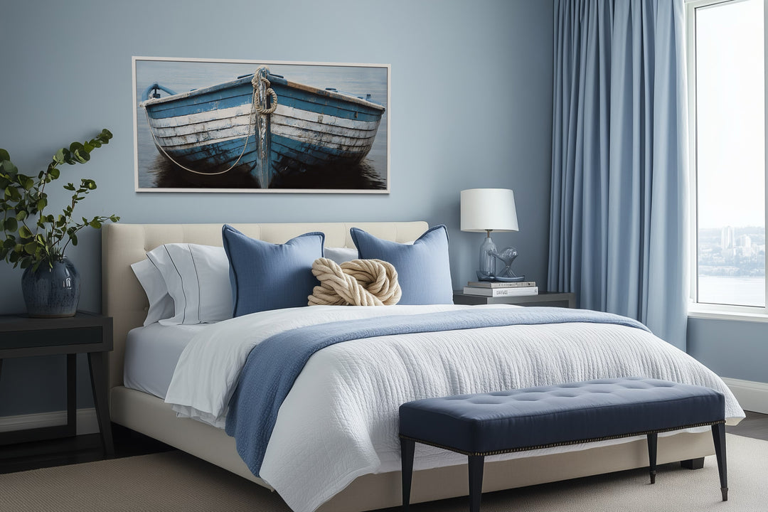Rustic Boat Wall Art – Blue White Nautical Canvas Print for Coastal Decor