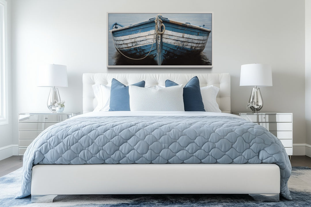 Rustic Boat Wall Art – Blue White Nautical Canvas Print for Coastal Decor