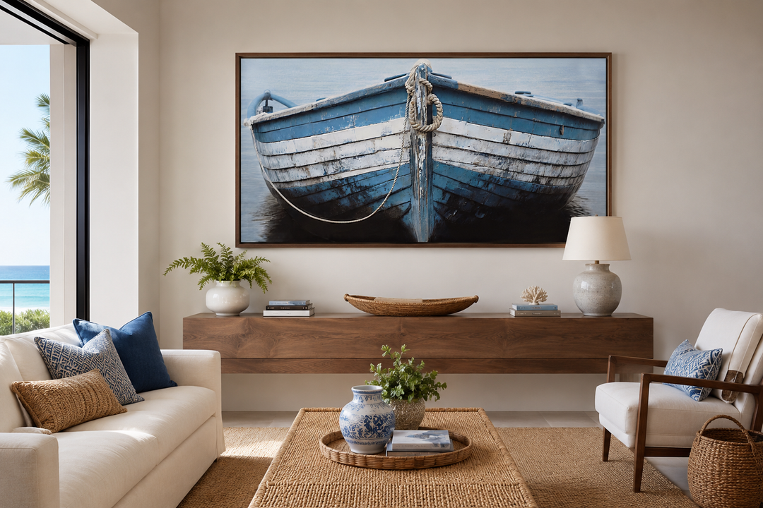 Rustic blue and white boat canvas wall art hanging above a wooden console in a coastal living room.